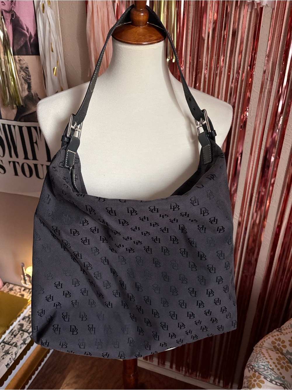 Vintage Y2K Dooney & Bourke Black Monogram Hobo Shoulder Bag